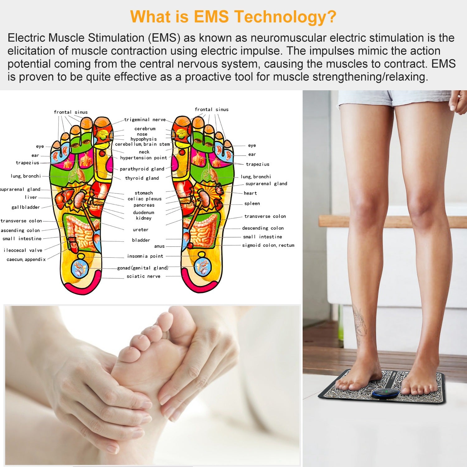 Diagram of foot reflexology, person using EMS device, and legs on a mat.
